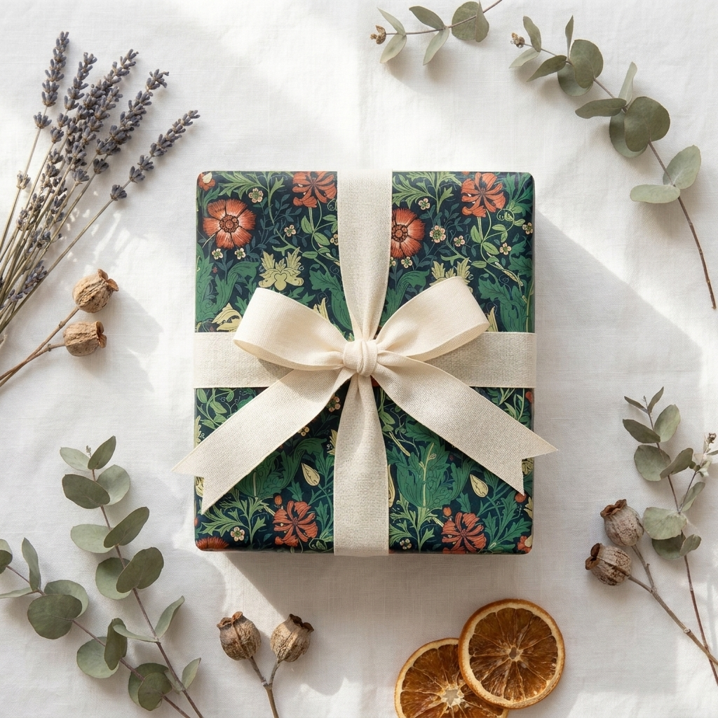 Neatly wrapped gift box in retro floral wrapping paper with linen bow, dried botanicals, gifting lifestyle shot