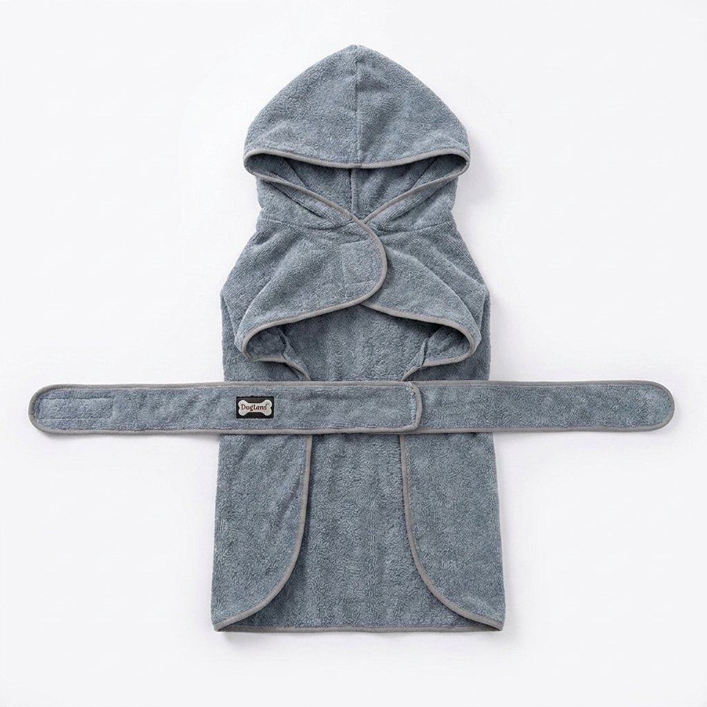 Grey soft terry cloth pet drying robe laid flat showing full shape, hood and belt detail, product lay-flat photography