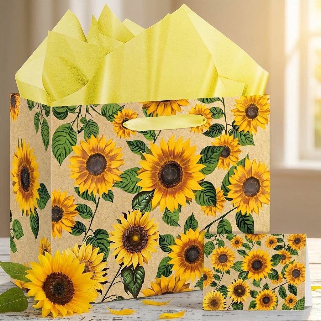 Sunflower gift bag upright with yellow tissue paper and greeting card, loose petals on white table, gifting lifestyle