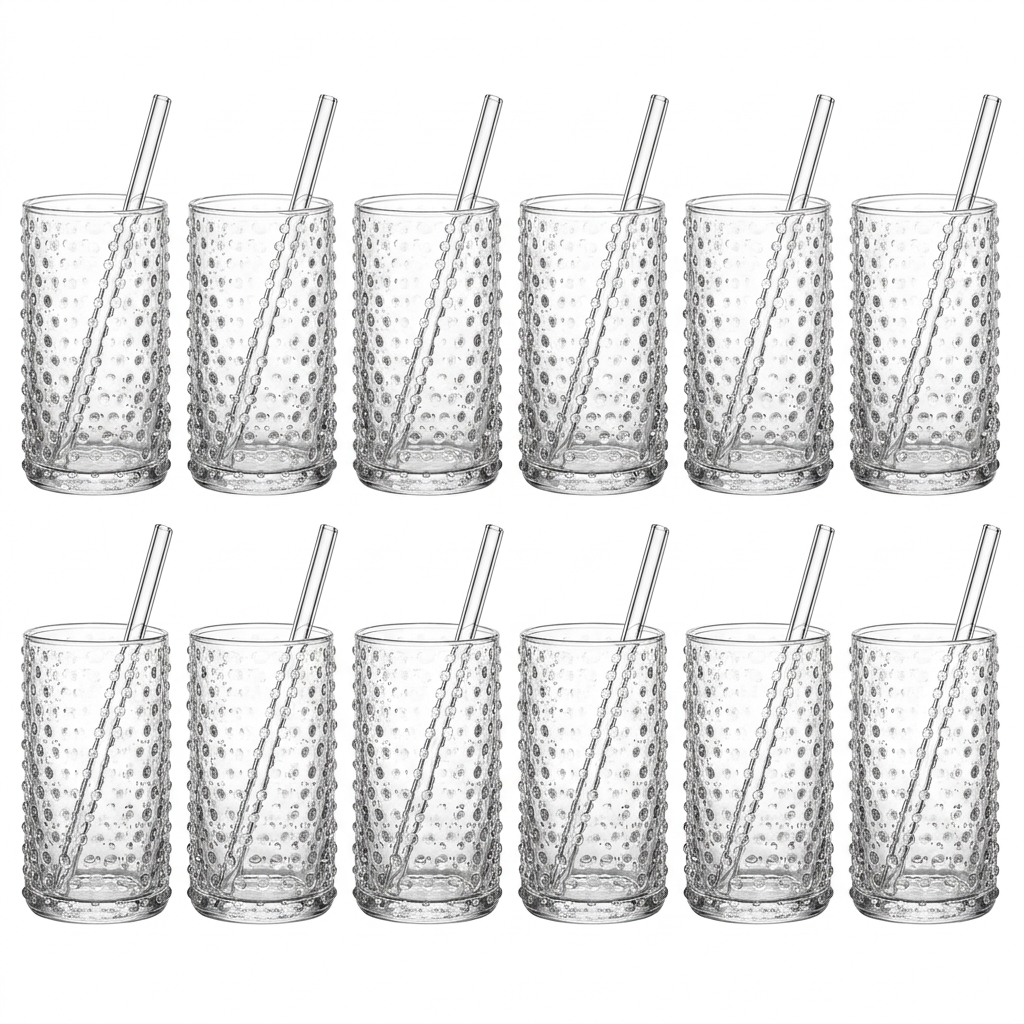 Full set of 12 hobnail highball glasses and straws lineup on white background