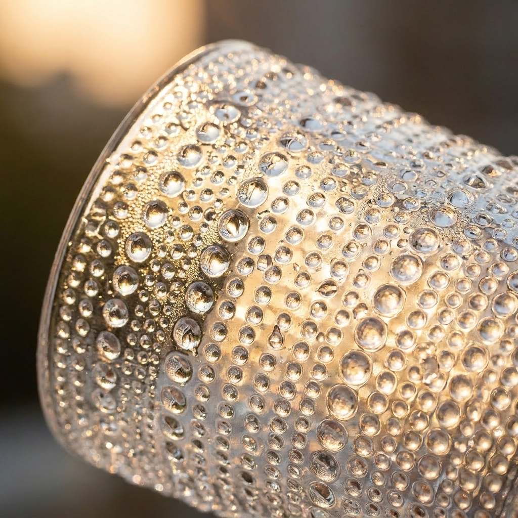 Close-up of hobnail glass beaded texture with water droplets catching golden light