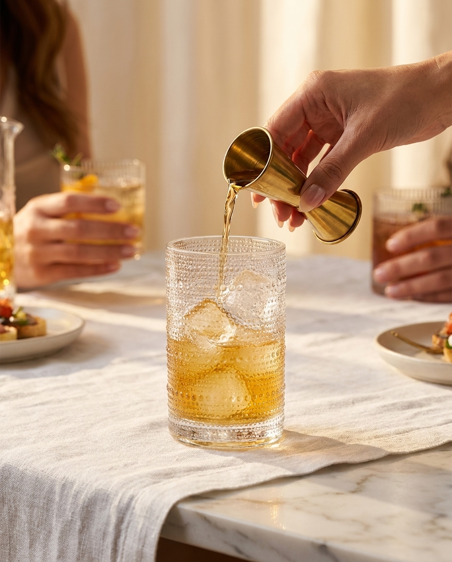 Hand pouring golden cocktail into hobnail highball glass on marble surface