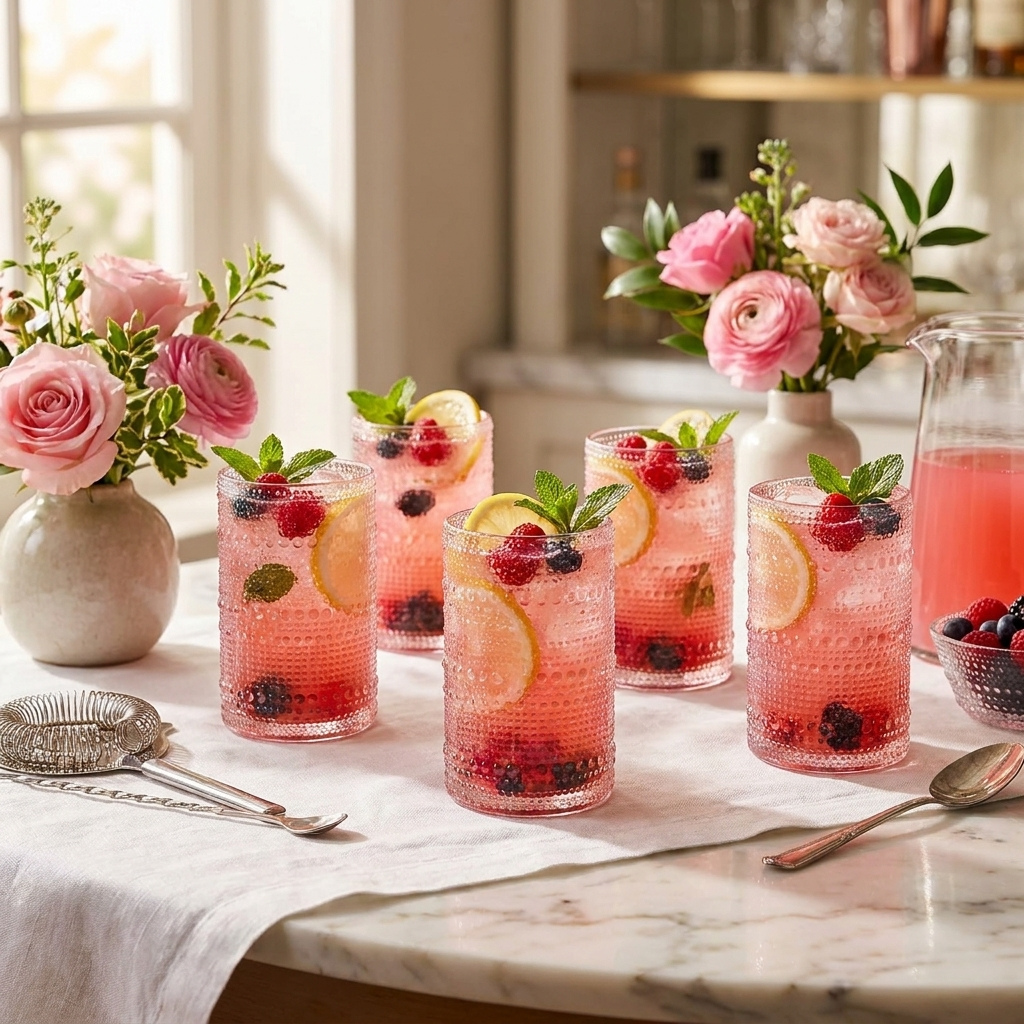 Six pink hobnail vintage glasses with berry cocktails on white linen table with flowers