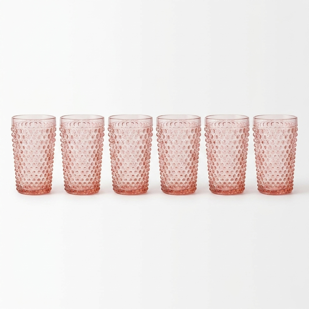 Full set of six pink hobnail vintage drinking glasses lineup on white background