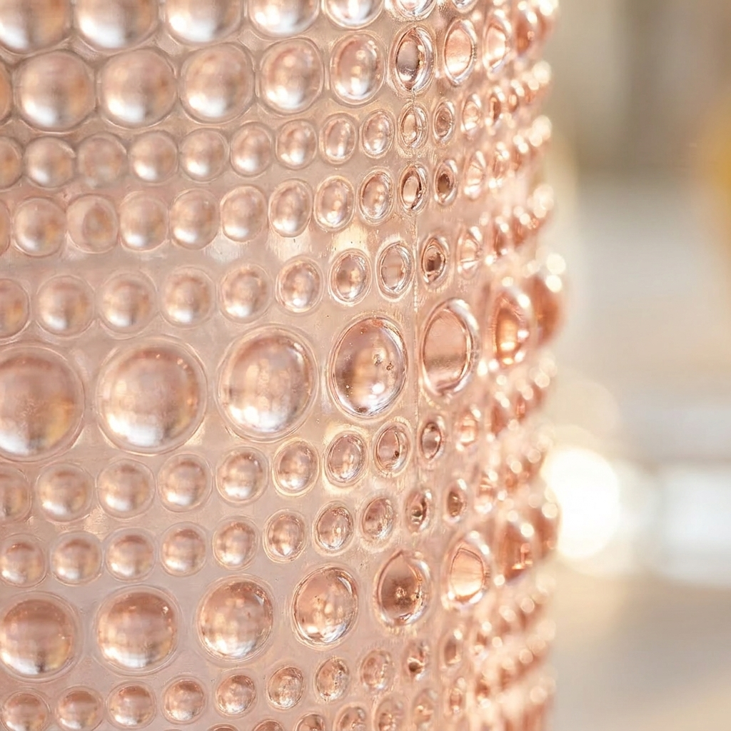 Close-up macro of pink hobnail glass beaded embossed texture in soft natural light