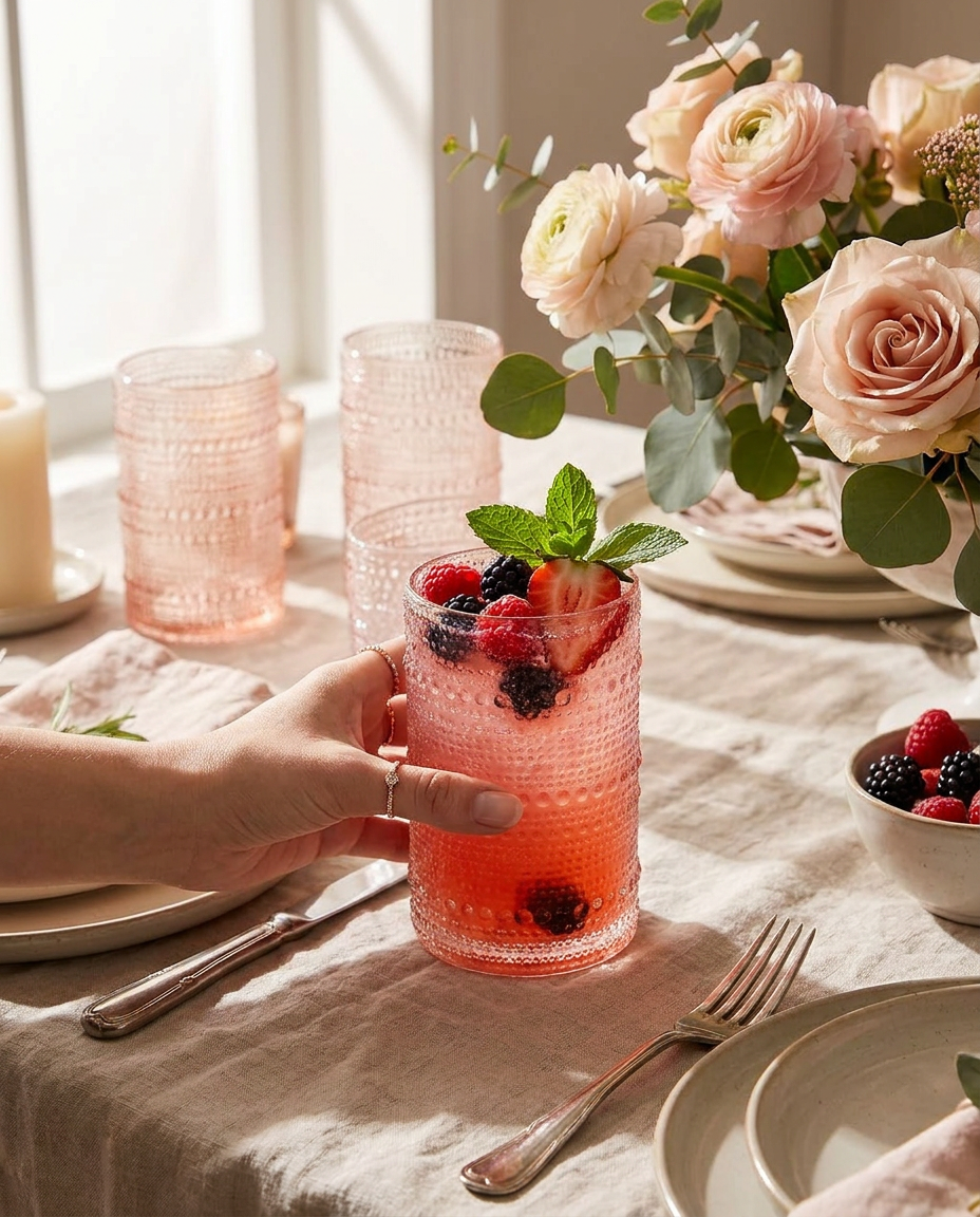 Hand holding pink hobnail glass with berry cocktail at romantic flower-filled table setting