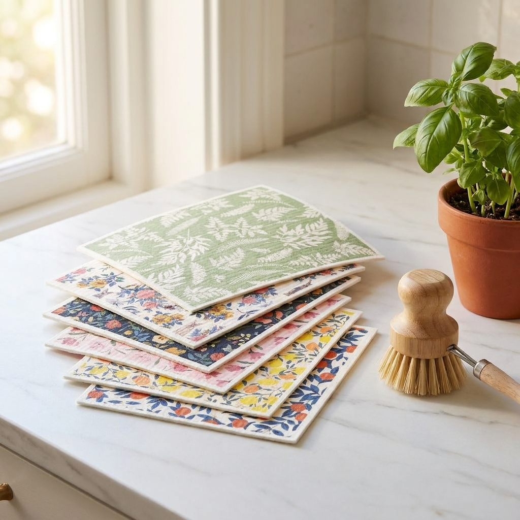 Six colorful fruit and flower print cellulose Swedish dishcloths fanned on a marble kitchen counter with herb plant and dish brush