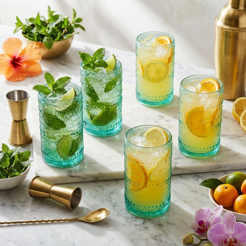 Six aqua blue hobnail vintage glasses with mojito and lemonade cocktails on marble bar