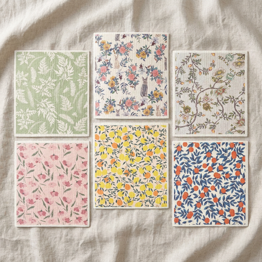 All six fruit and flower pattern Swedish dishcloths in overhead flat-lay showing each unique design