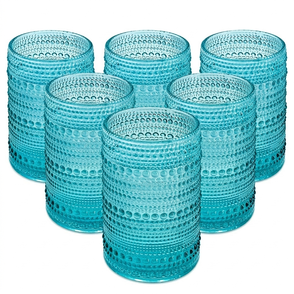 Full set of six aqua blue hobnail vintage tumblers lineup on white background
