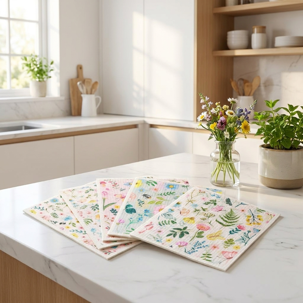 6 fresh floral Swedish dishcloths fanned on marble kitchen counter with wildflower vase and plant
