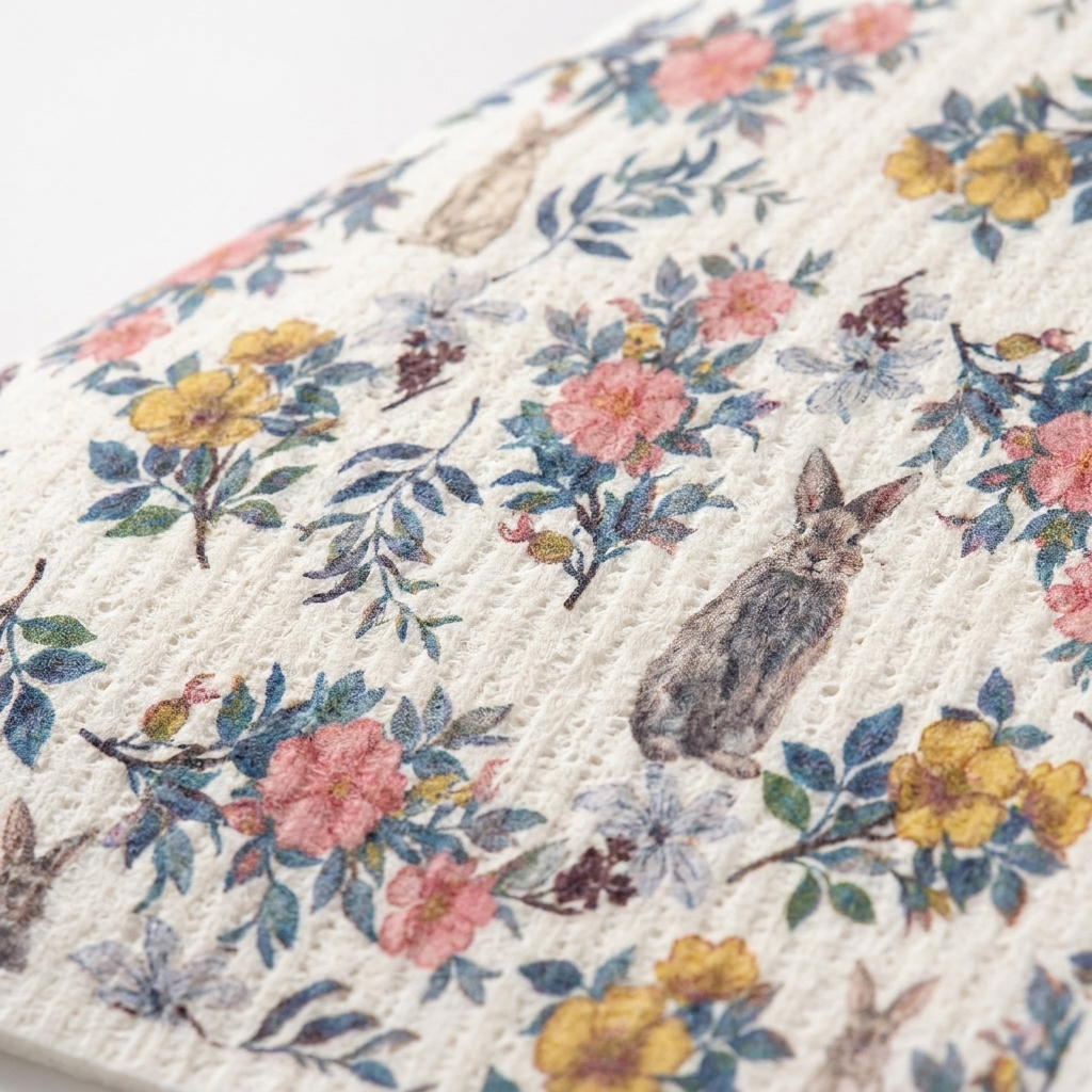 Close-up texture detail of cellulose cotton weave with botanical pattern — eco Swedish dishcloth fabric