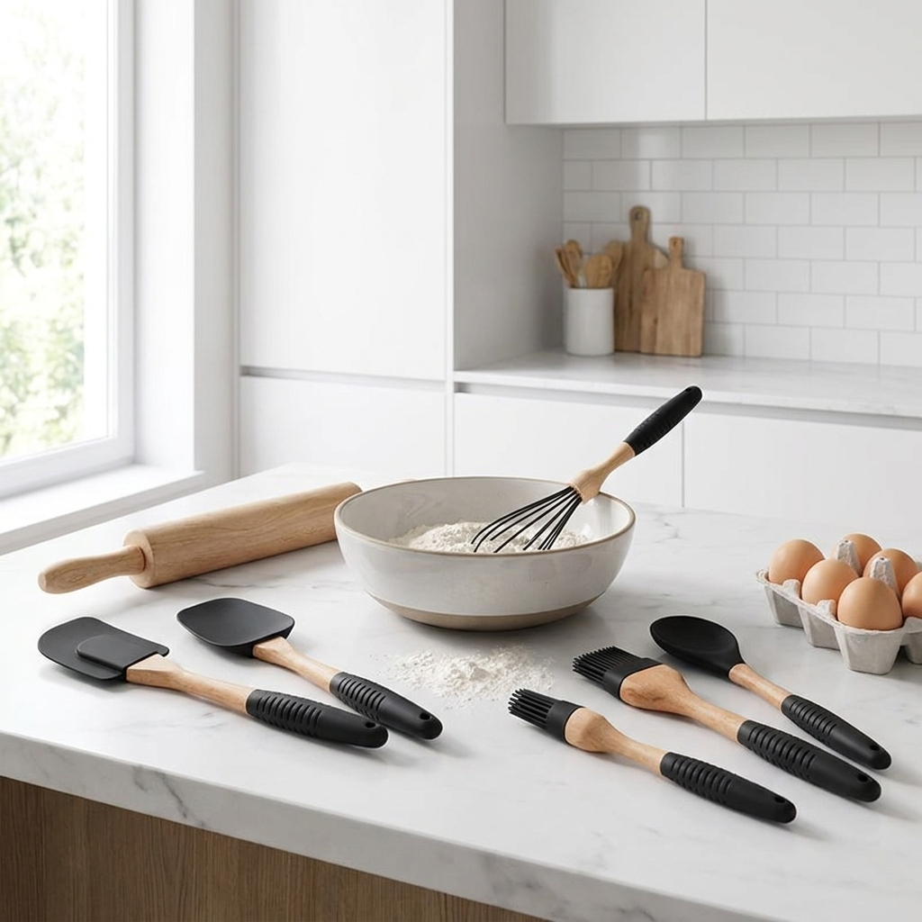 Black silicone and beechwood baking utensil set arranged on marble counter with mixing bowl and eggs