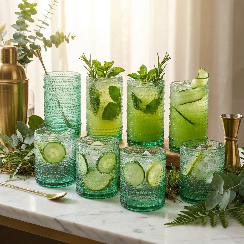 Eight lake green hobnail glasses with herbal cocktails and cucumber water on marble bar with greenery