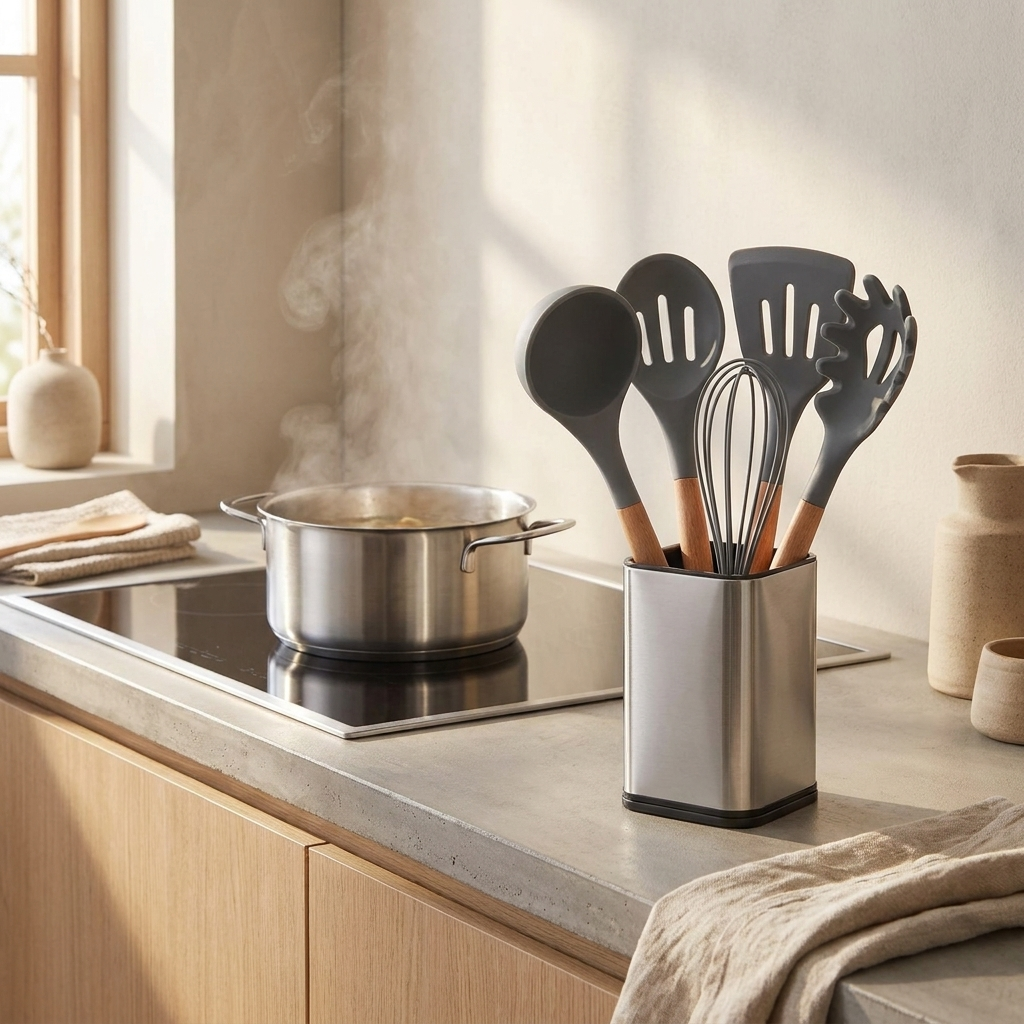 Grey silicone and beechwood cooking utensil set in stainless holder on modern kitchen counter with steaming pot