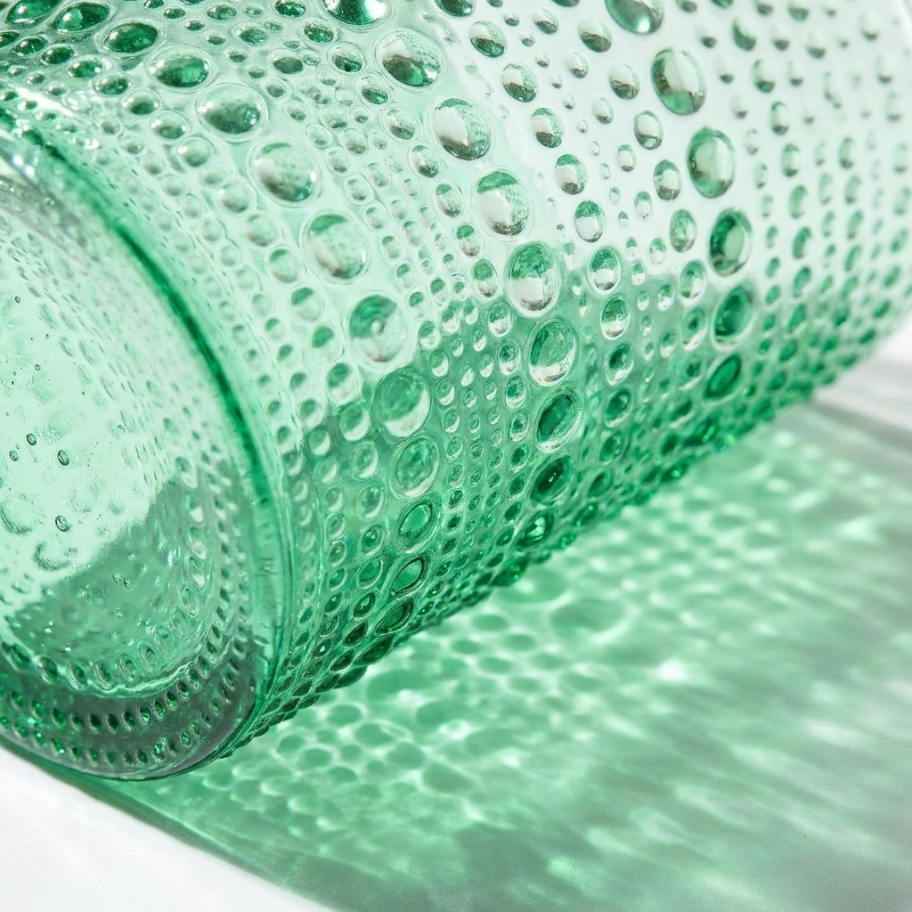 Close-up macro of lake green hobnail glass beaded texture with light caustics through pale green glass