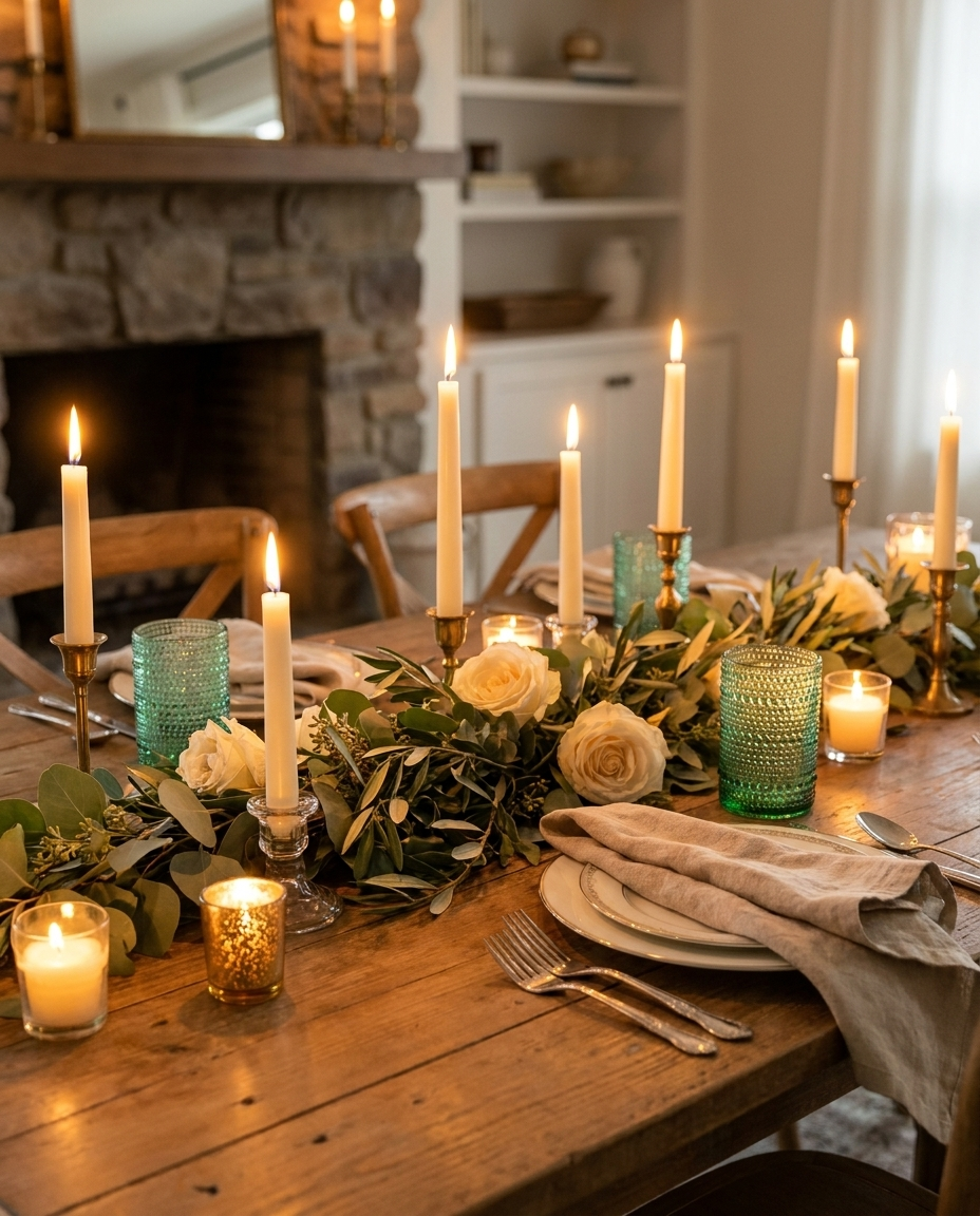 Lake green hobnail glasses at romantic candlelit dinner table with linen napkins and greenery centerpiece