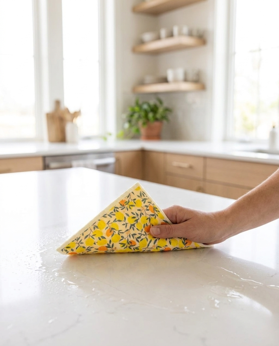 Hand wiping kitchen countertop with a colorful fruit-pattern cellulose dishcloth