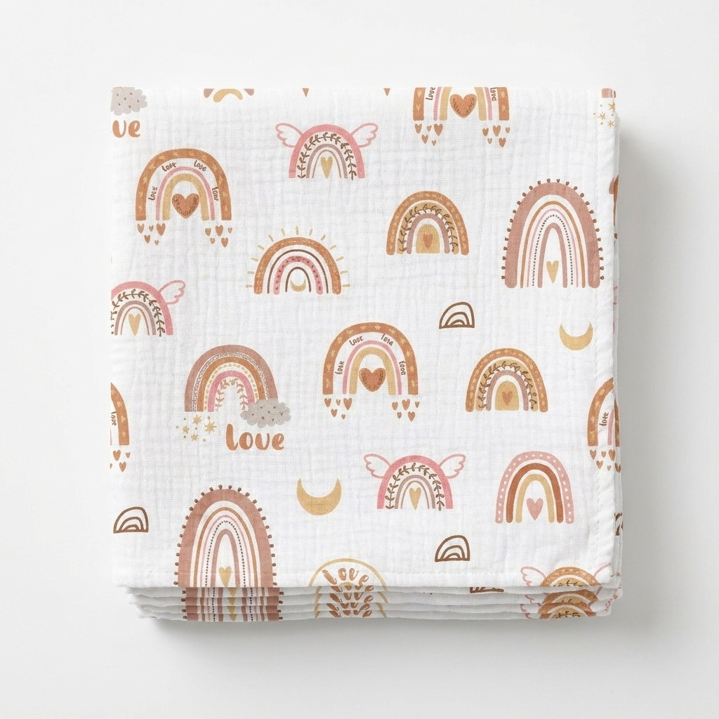 Boho Rainbow Muslin Baby Washcloths 5-pack flat lay on white background