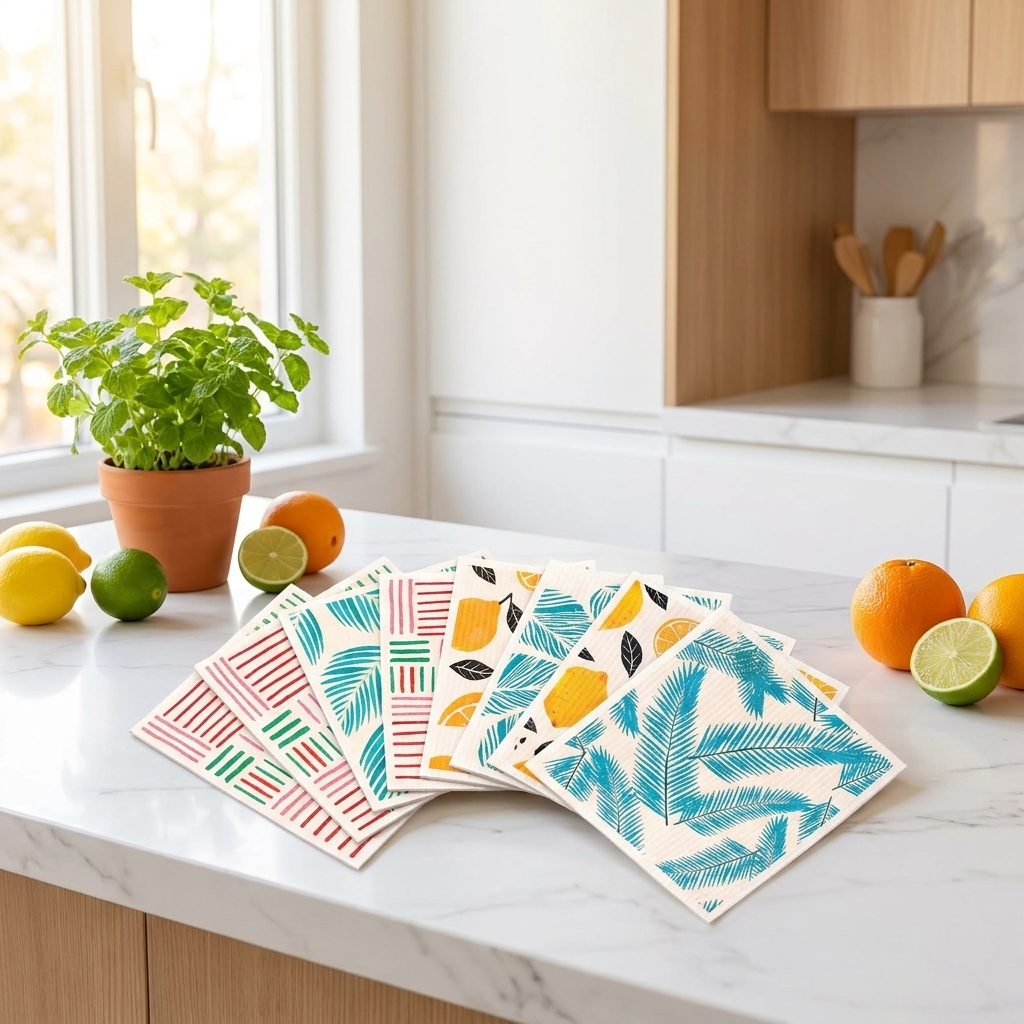 10 mixed-pattern Swedish dishcloths fanned on marble kitchen counter with citrus fruits and plant
