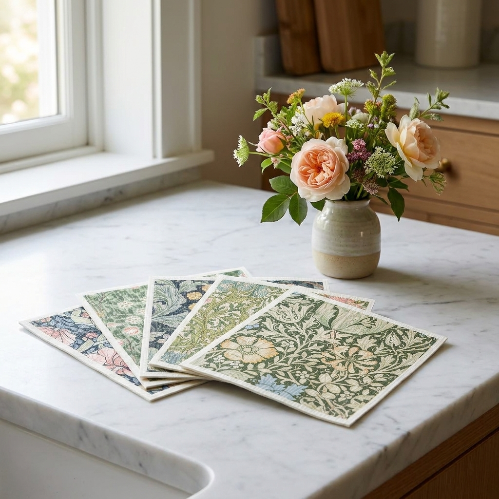 Six William Morris vintage botanical floral cotton dishcloths fanned on marble counter with flower vase, intricate Arts and Crafts patterns visible