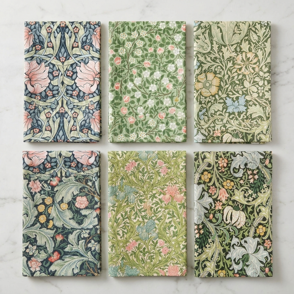 All six William Morris floral dishcloths in overhead flat-lay on marble showing each botanical pattern