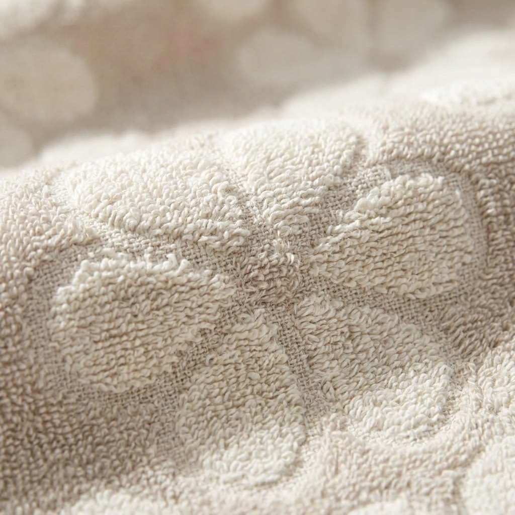 Close-up weave detail of light beige jacquard bath towel six-petal floral pattern