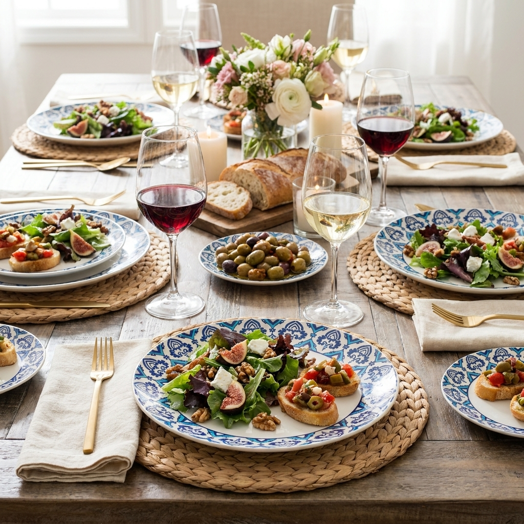 Blue mosaic border ceramic dinner plates styled on a table with salad, wine and candles