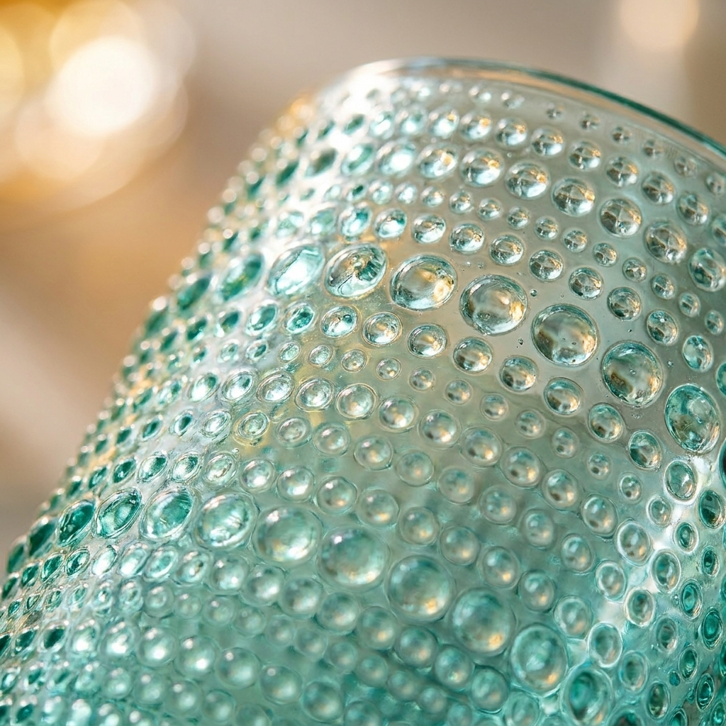 Close-up macro of aqua blue hobnail glass embossed beaded texture catching light