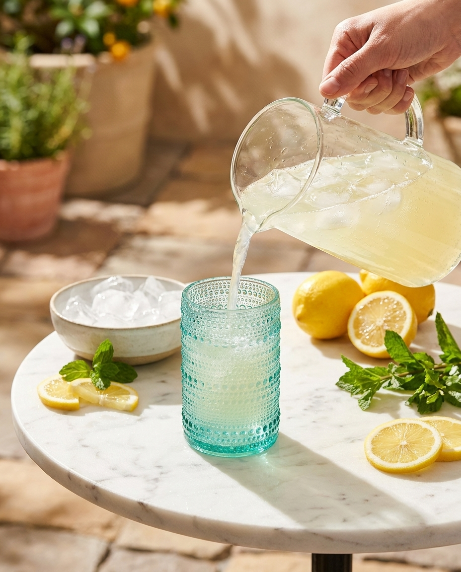 Hand pouring lemonade into aqua blue hobnail glass on sun-lit marble patio table