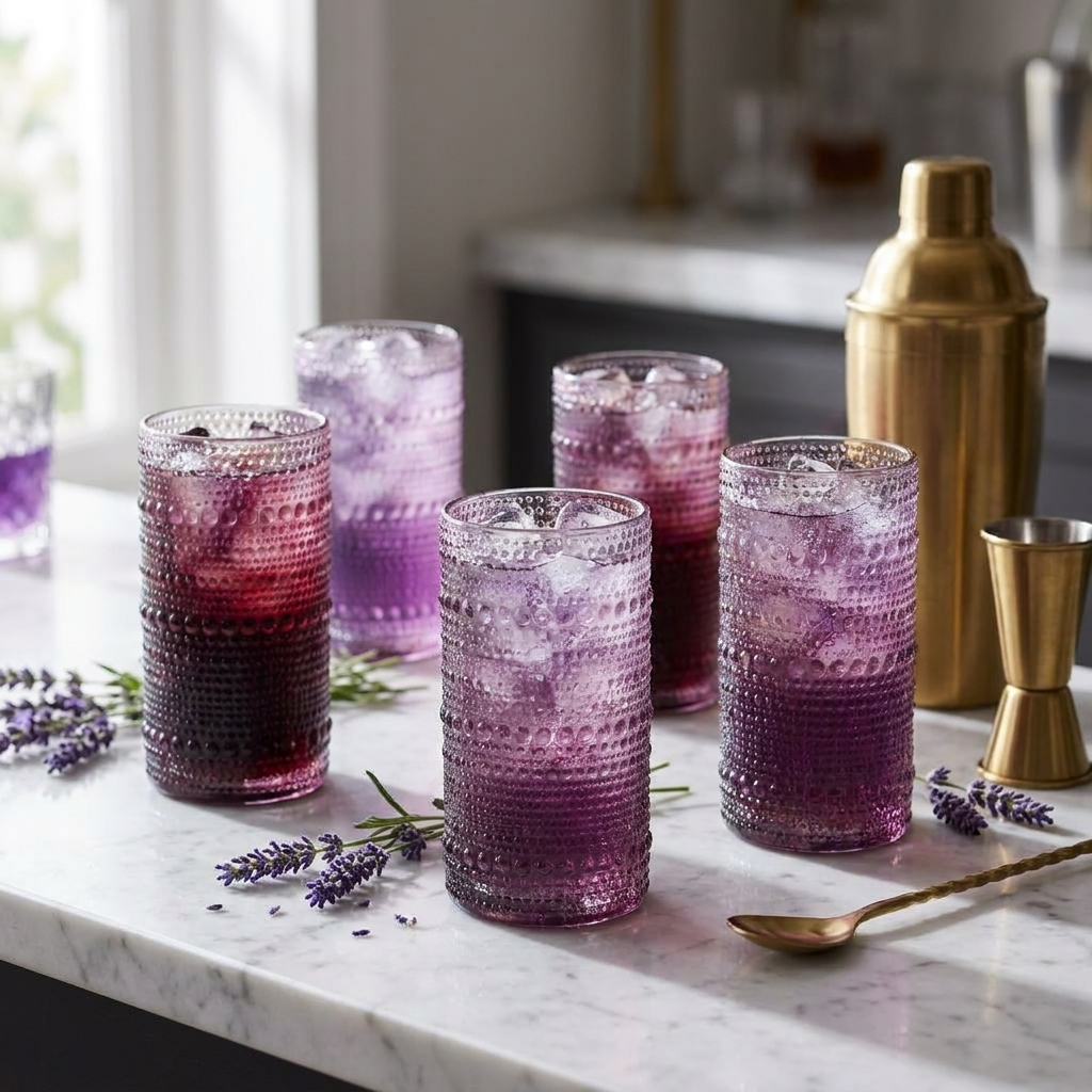 Six purple hobnail vintage glasses with violet cocktails and lavender on marble bar