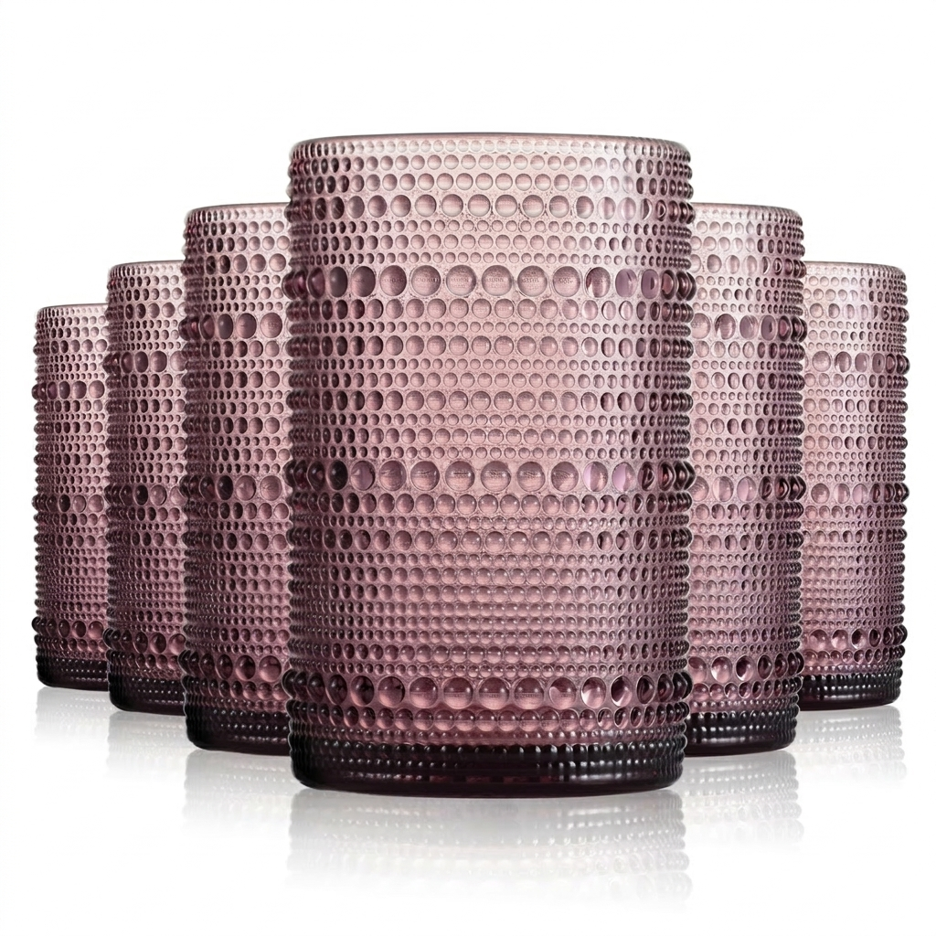 Full set of six purple hobnail tall drinking glasses lineup on white background