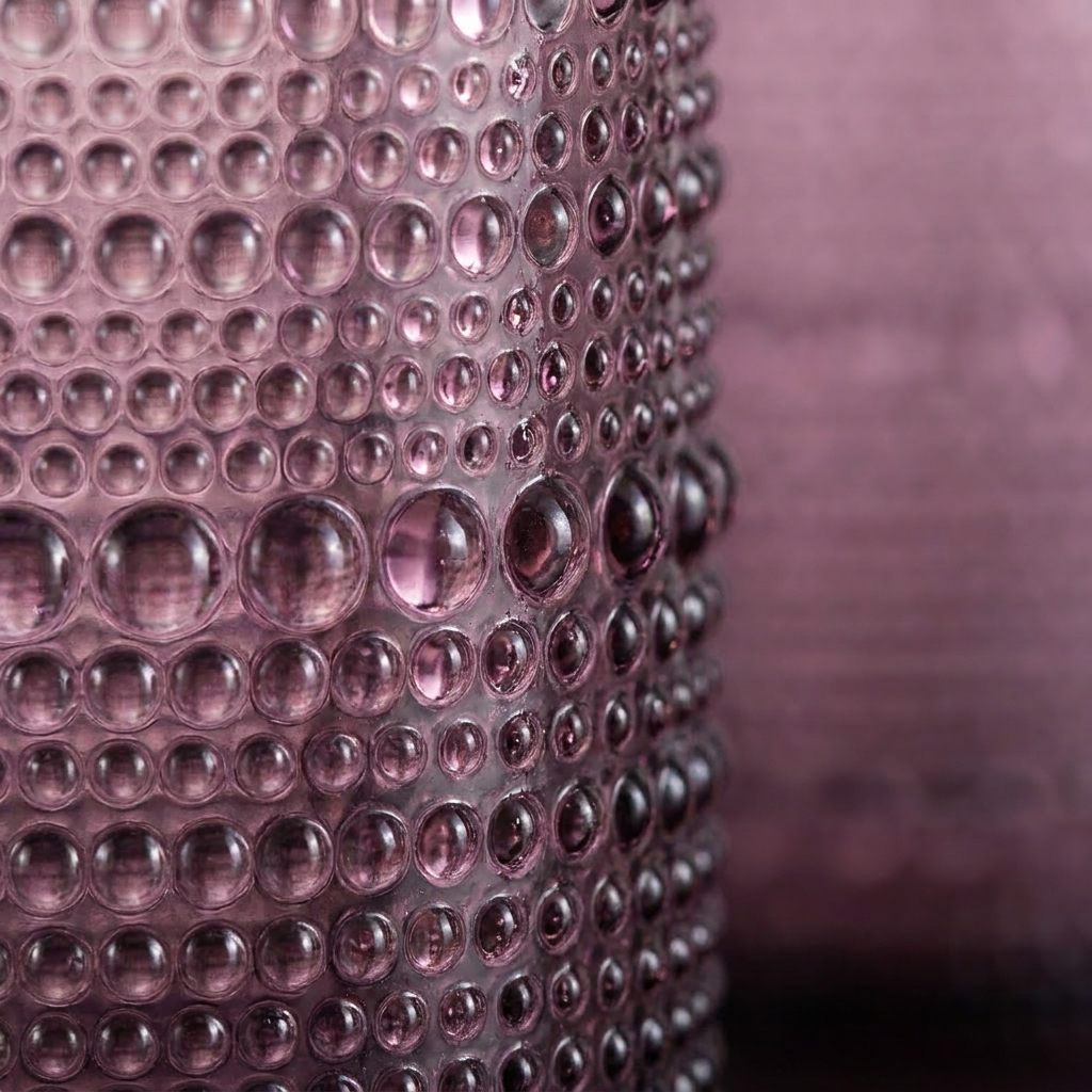 Close-up macro of purple hobnail glass rich beaded texture with light refracting through colored glass