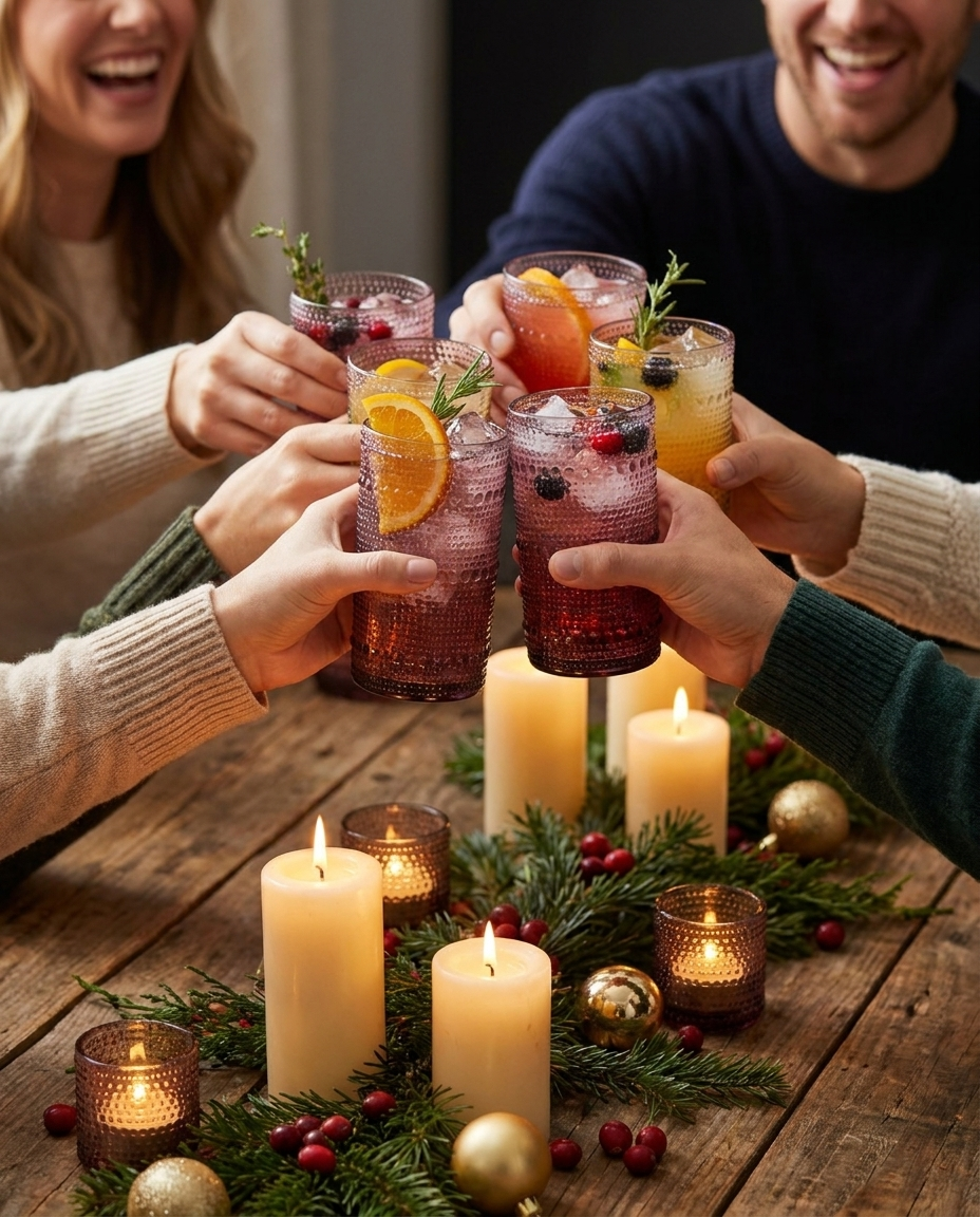 Friends clinking purple hobnail glasses at festive candlelit table gathering