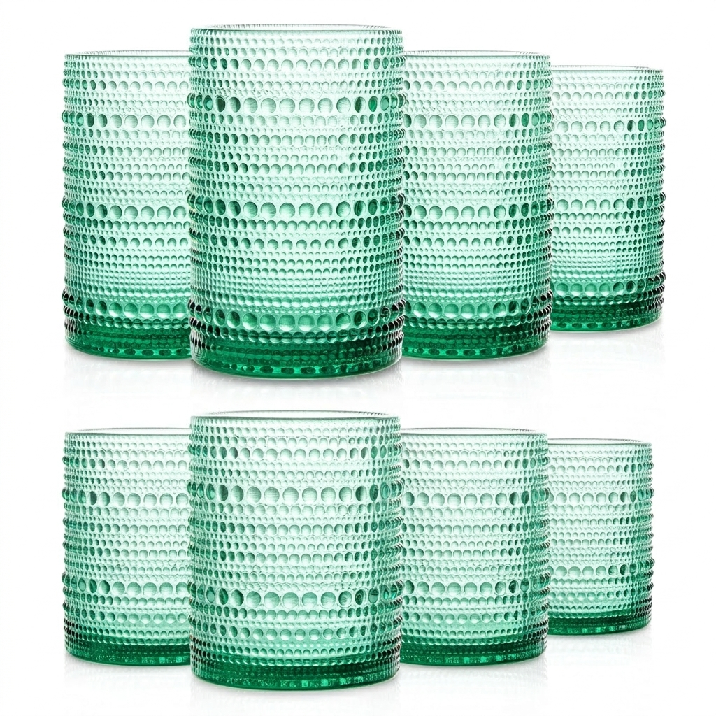 Complete set of eight lake green hobnail glasses in two sizes on white background
