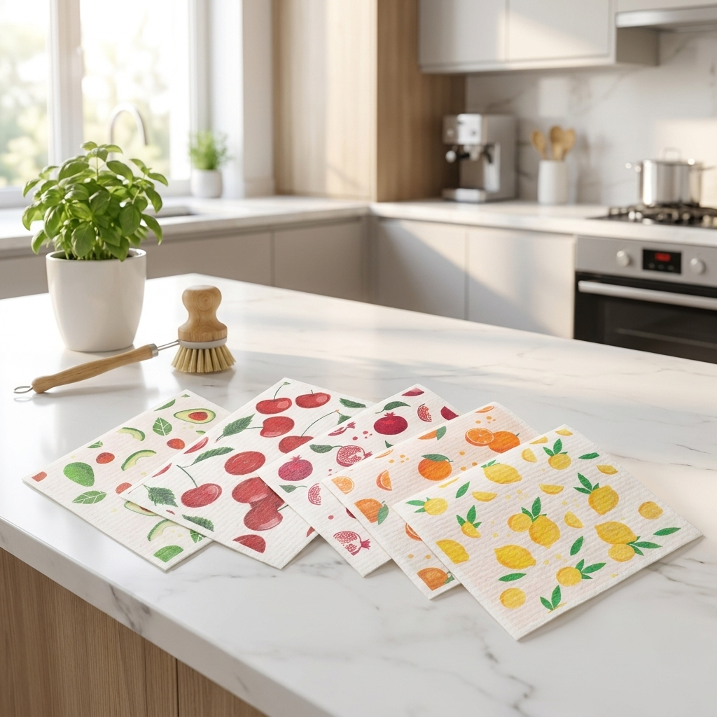 6 fruit-print Swedish dishcloths fanned on marble kitchen counter with herb plant and dish brush