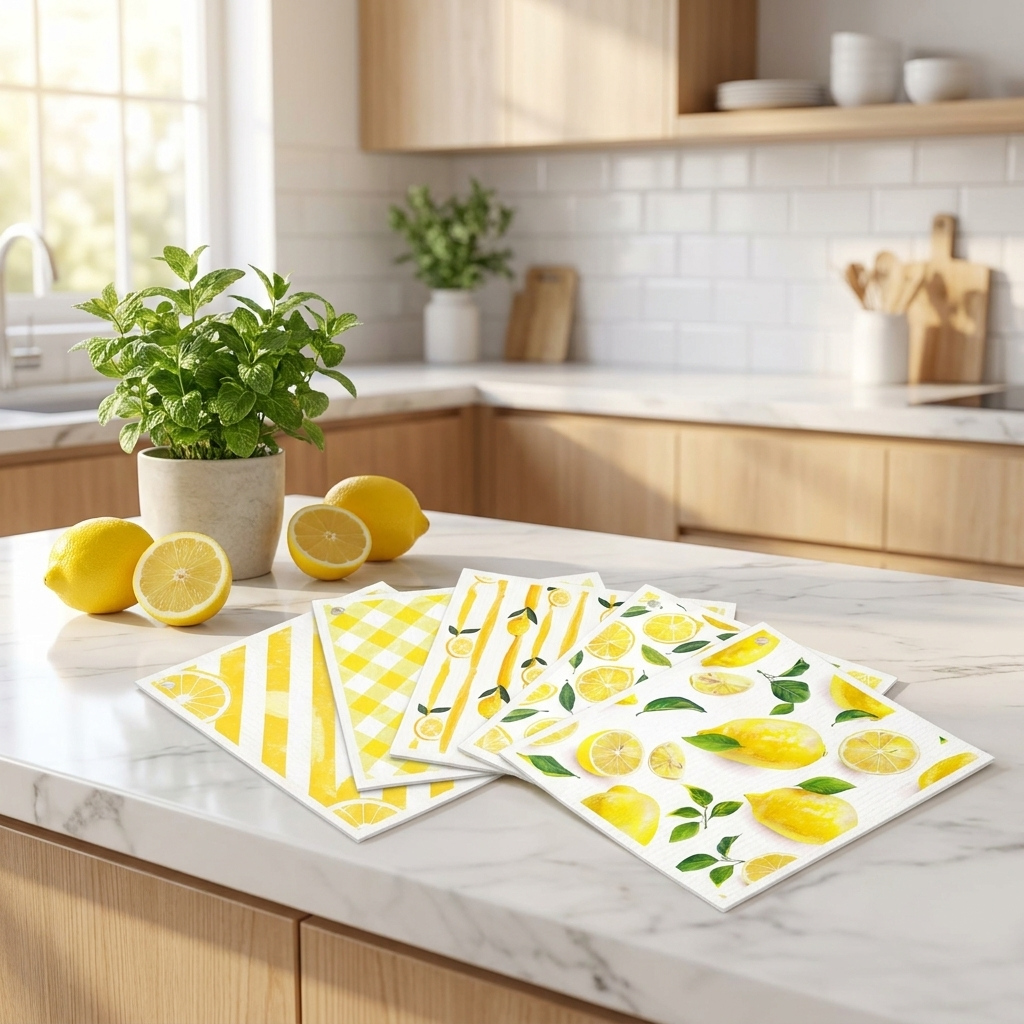 6 lemon-print Swedish dishcloths fanned on marble kitchen counter with fresh lemons and plant