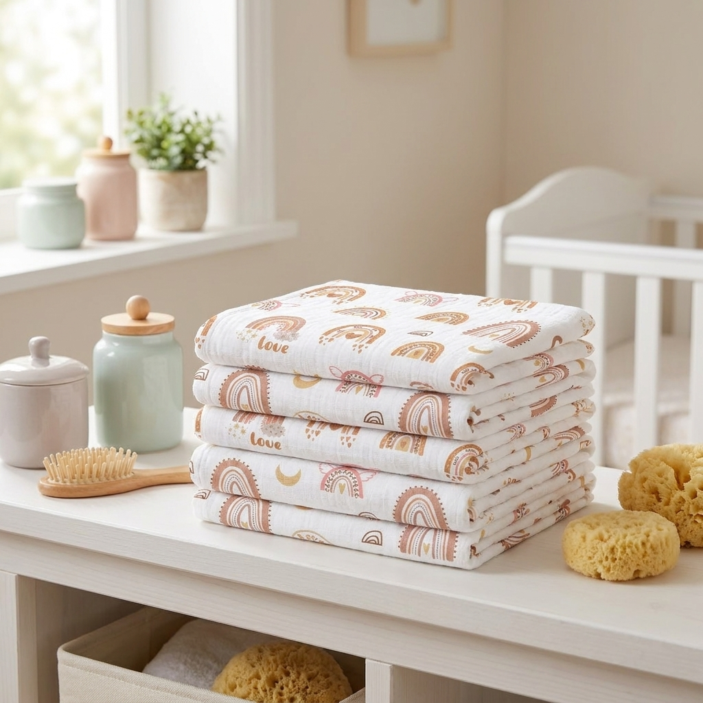Boho Rainbow Muslin Baby Washcloths stacked in a serene nursery bathroom setting