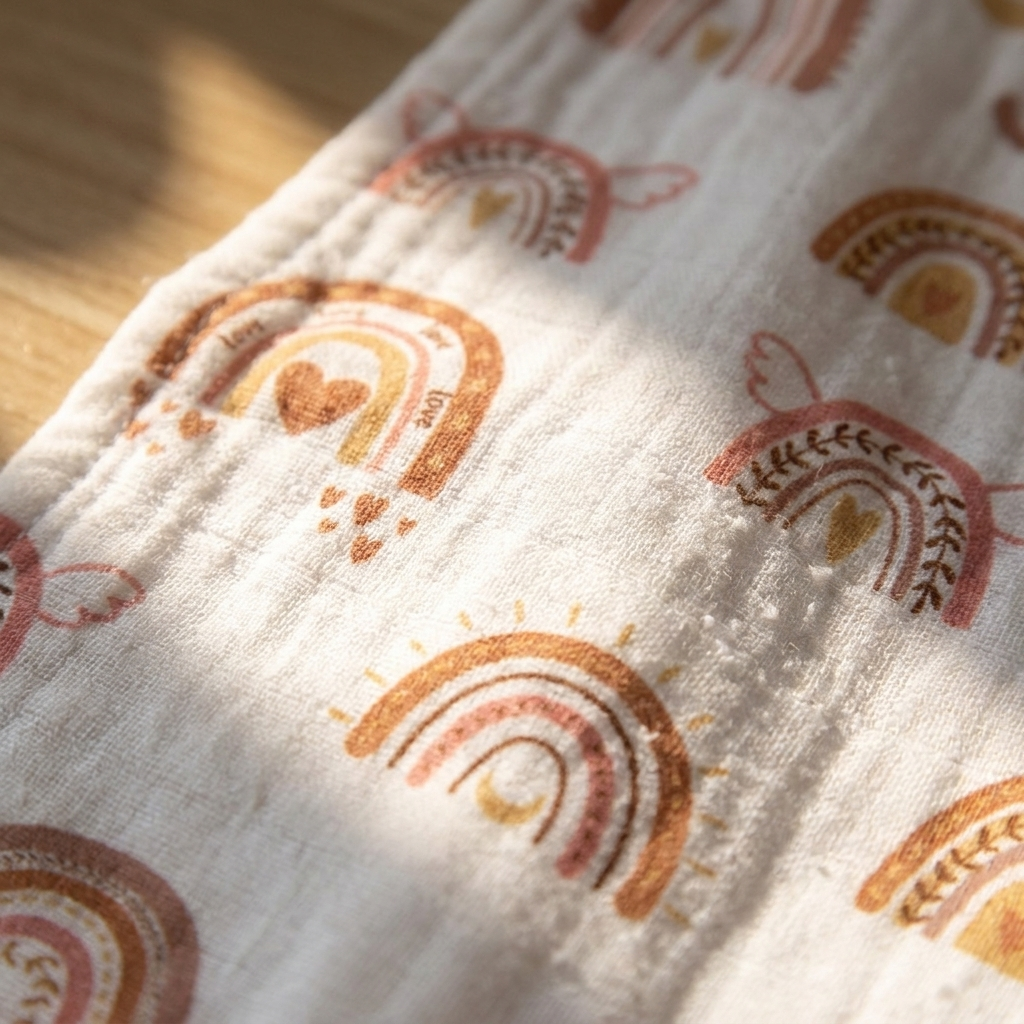 Close-up texture of soft muslin cotton baby washcloth fabric with rainbow pattern