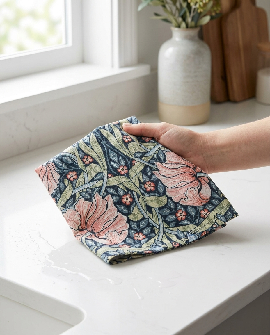 Hand wiping kitchen counter with William Morris floral cotton dishcloth in bright modern kitchen