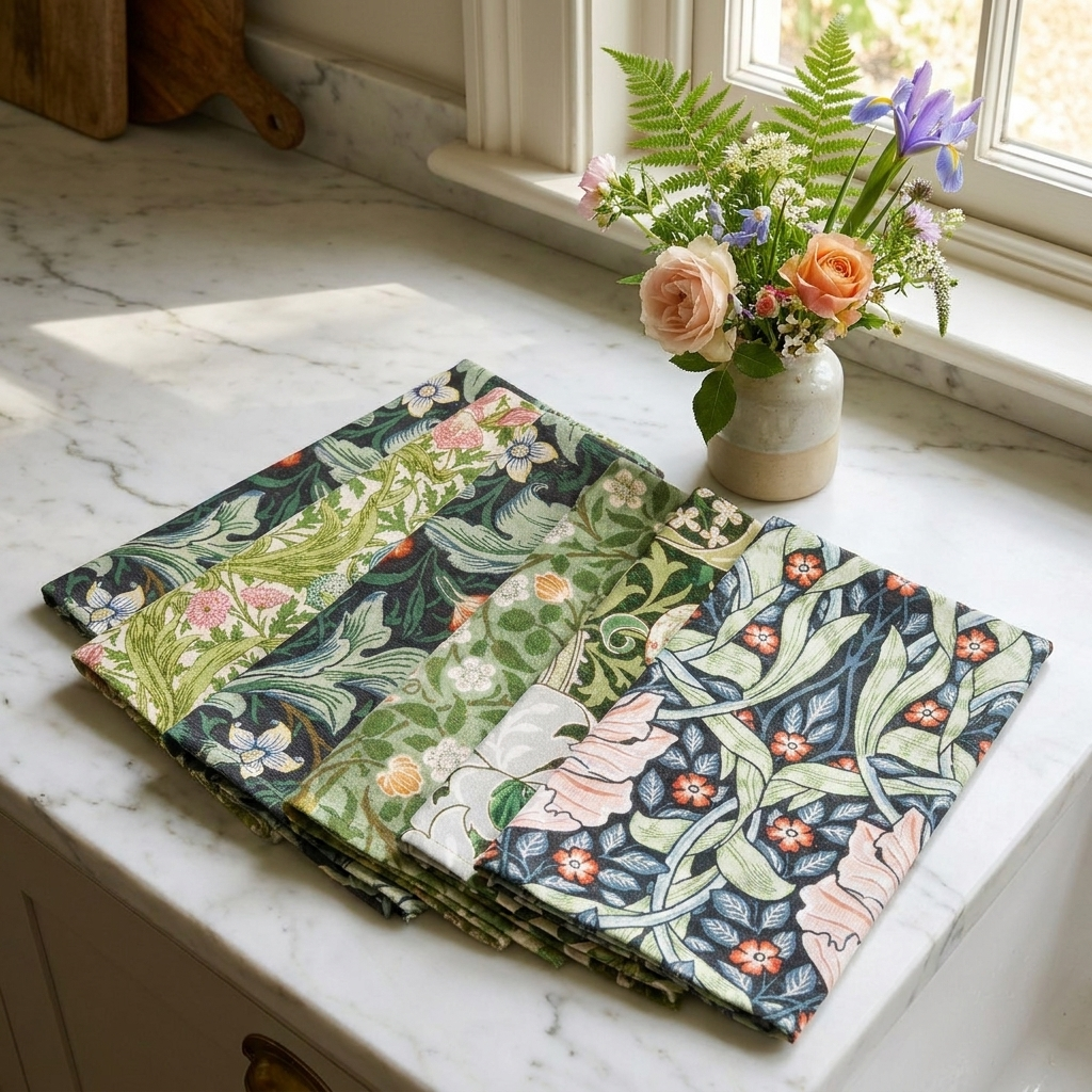 Six large William Morris floral microfiber kitchen tea towels fanned on marble counter with flower vase, ornate botanical patterns clearly visible