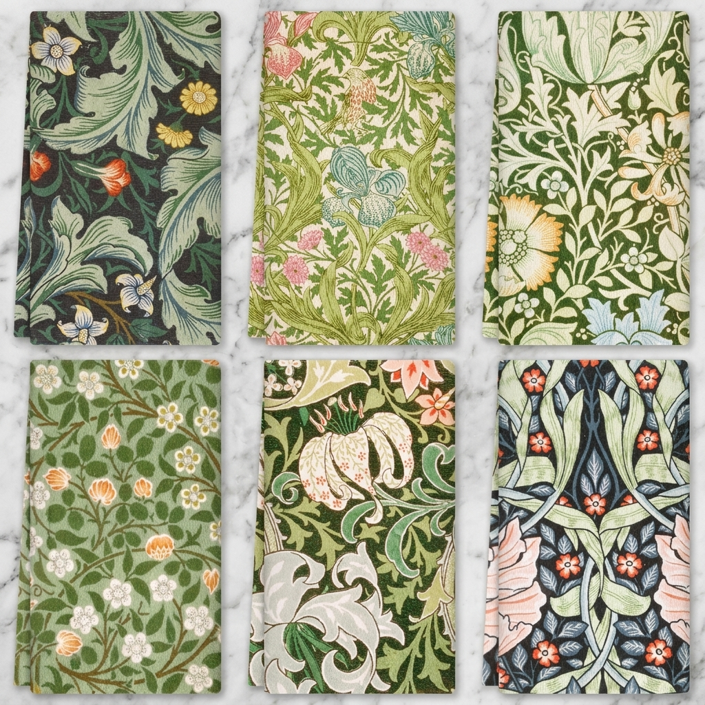 All six William Morris floral tea towels overhead flat-lay on marble showing each ornate botanical pattern