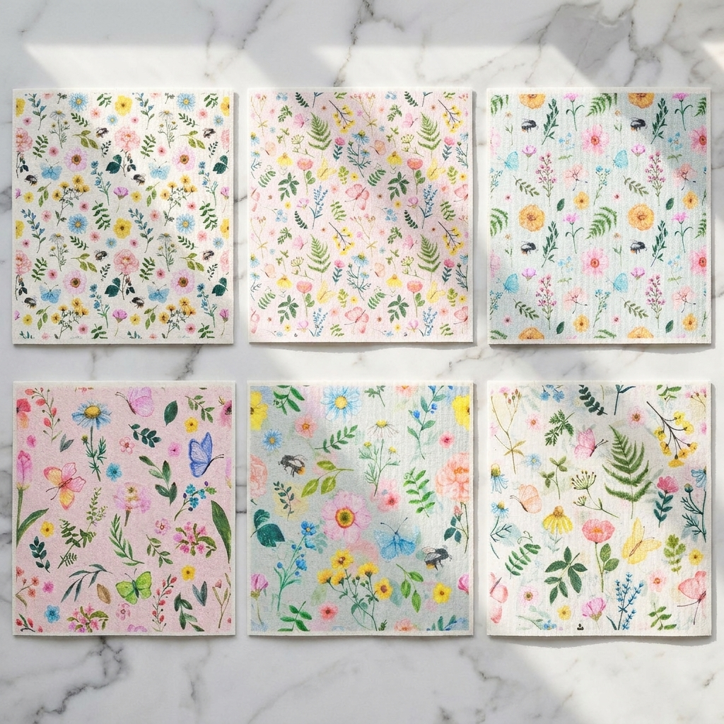 Overhead flat-lay showing all 6 botanical floral Swedish dishcloth designs