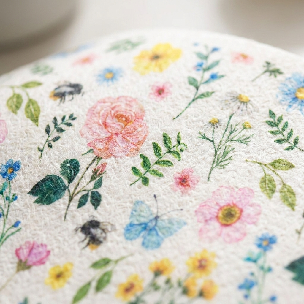 Close-up texture detail of cellulose cotton Swedish dishcloth botanical floral print fabric