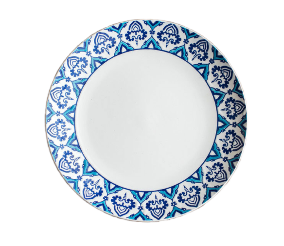 Blue mosaic ceramic dinner plate product cutout on white background