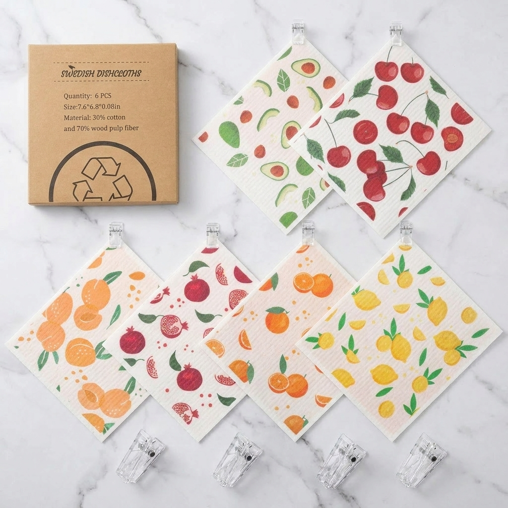 Overhead flat-lay of all 6 Swedish dishcloth fruit patterns on white marble