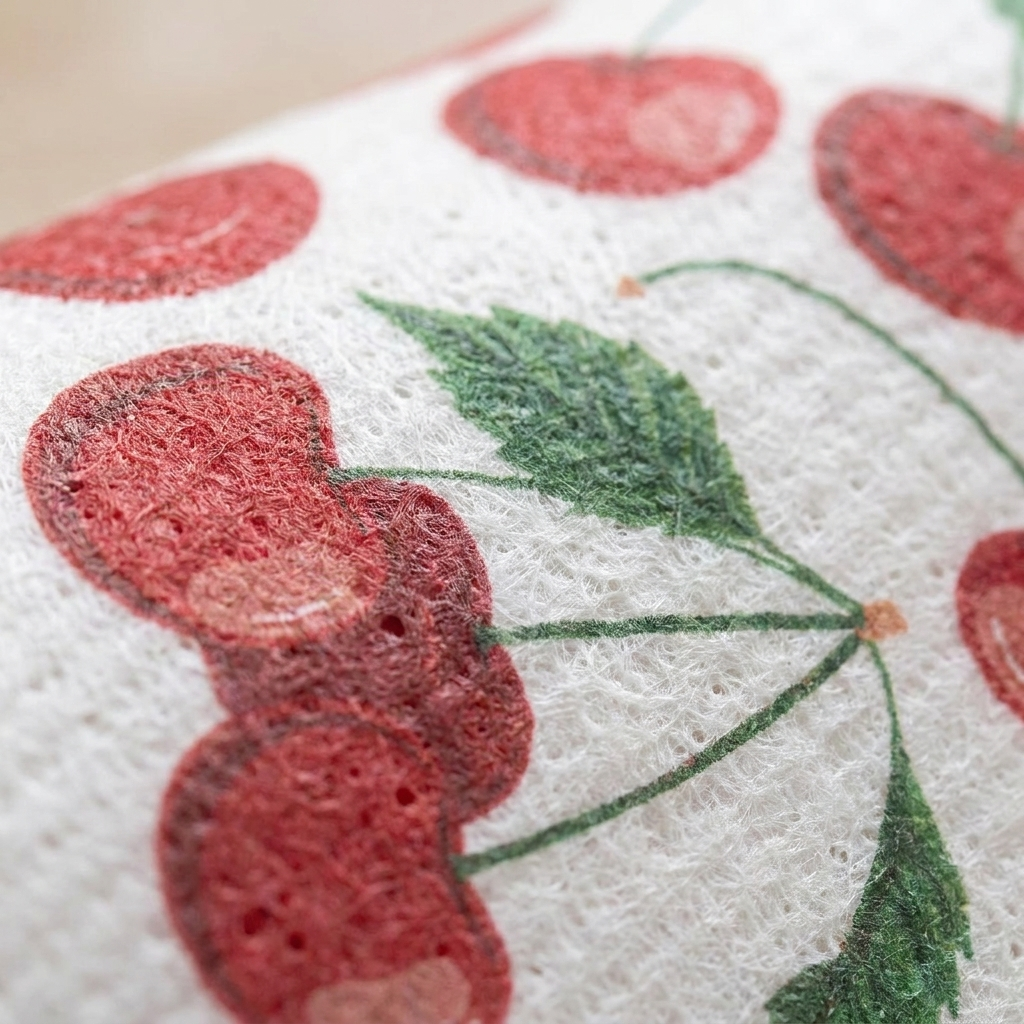 Close-up texture detail of cellulose cotton Swedish dishcloth fruit print fabric