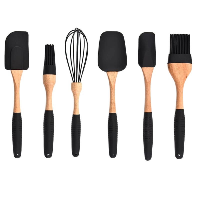 Black silicone beechwood baking utensil set product cutout on white background