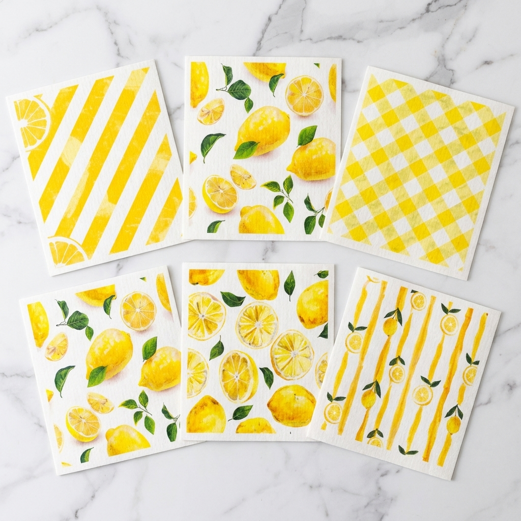 Overhead flat-lay showing all 6 lemon-pattern Swedish dishcloth designs