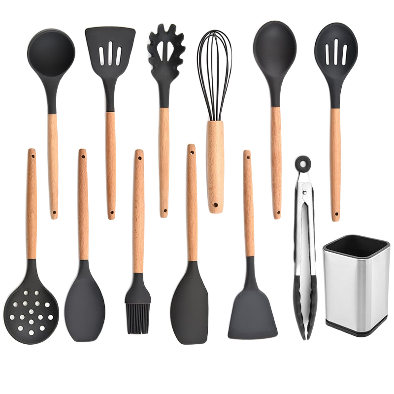 Grey silicone beechwood cooking utensil set product cutout on white background